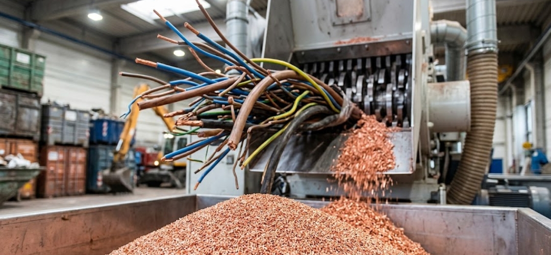 Verarbeitung von alten Kupferkabeln zu sauberem Kupfergranulat in einer Recyclingmaschine