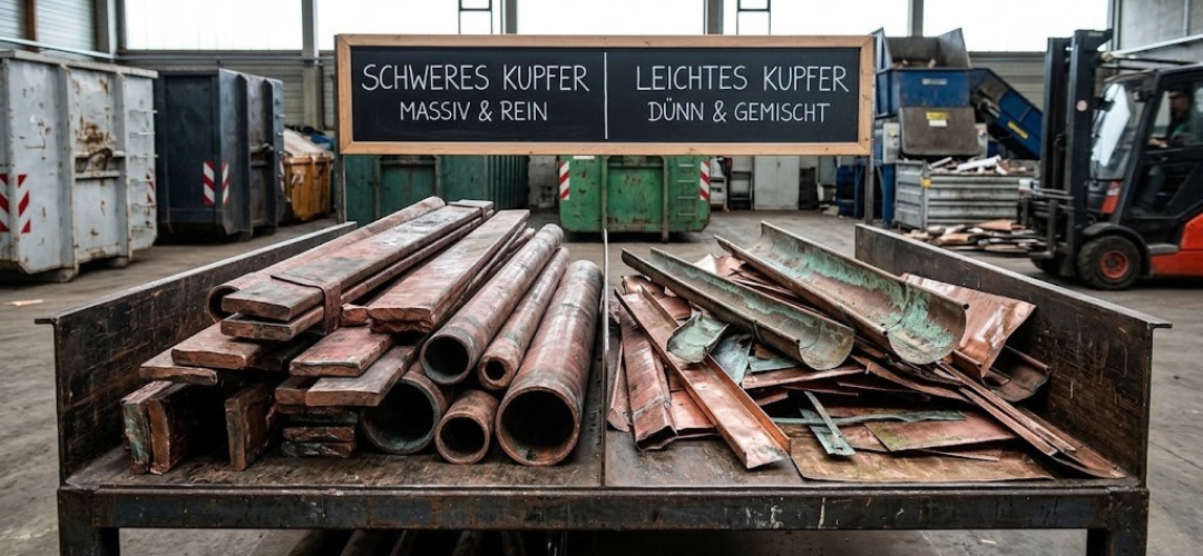 Vergleich von schwerem, massivem Altkupfer und leichtem Blechkupfer in einem Metall-Recyclingbetrieb
